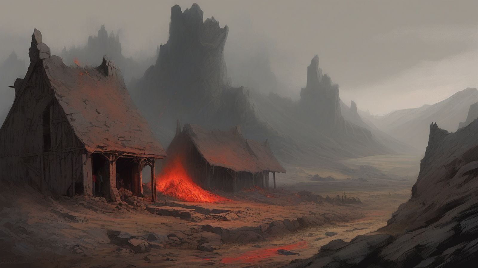 A ruined forge glowing among black crags