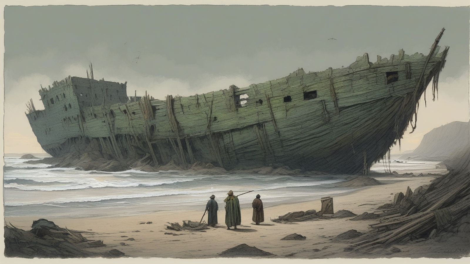 A wrecked ship on a grey beach
