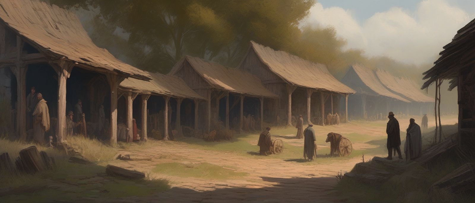 Market stalls and travellers at the Crossroads