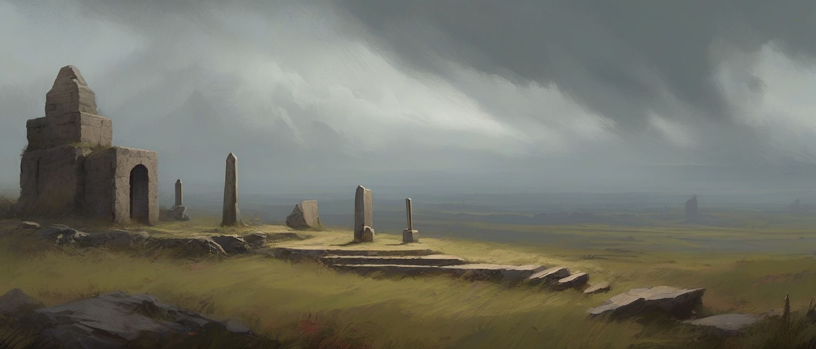 Standing stones round the Heartstone on a grey plain