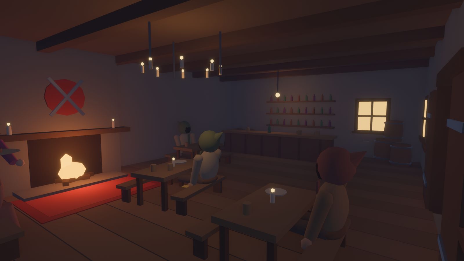 A tavern hearth, tables and candles